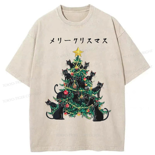 Tokyo-Tiger Meowy Christmas Tree Washed T-Shirt