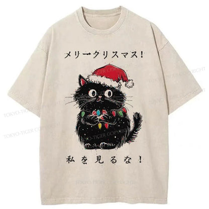 Tokyo-Tiger Black Cat Merry Fluffmas Washed T-Shirt