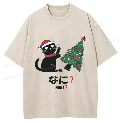 Tokyo-Tiger Black Cat Knocking Over Christmas Tree Washed T-Shirt