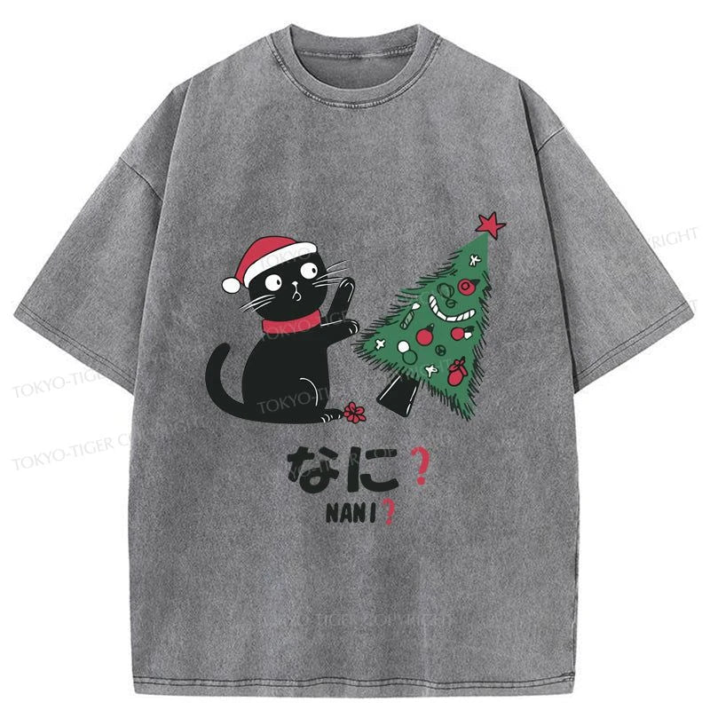 Tokyo-Tiger Black Cat Knocking Over Christmas Tree Washed T-Shirt