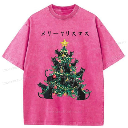 Tokyo-Tiger Meowy Christmas Tree Washed T-Shirt