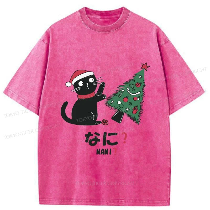 Tokyo-Tiger Black Cat Knocking Over Christmas Tree Washed T-Shirt