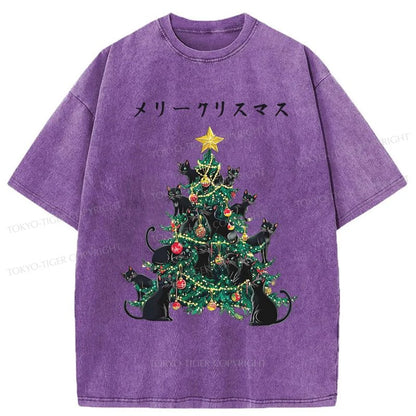 Tokyo-Tiger Meowy Christmas Tree Washed T-Shirt