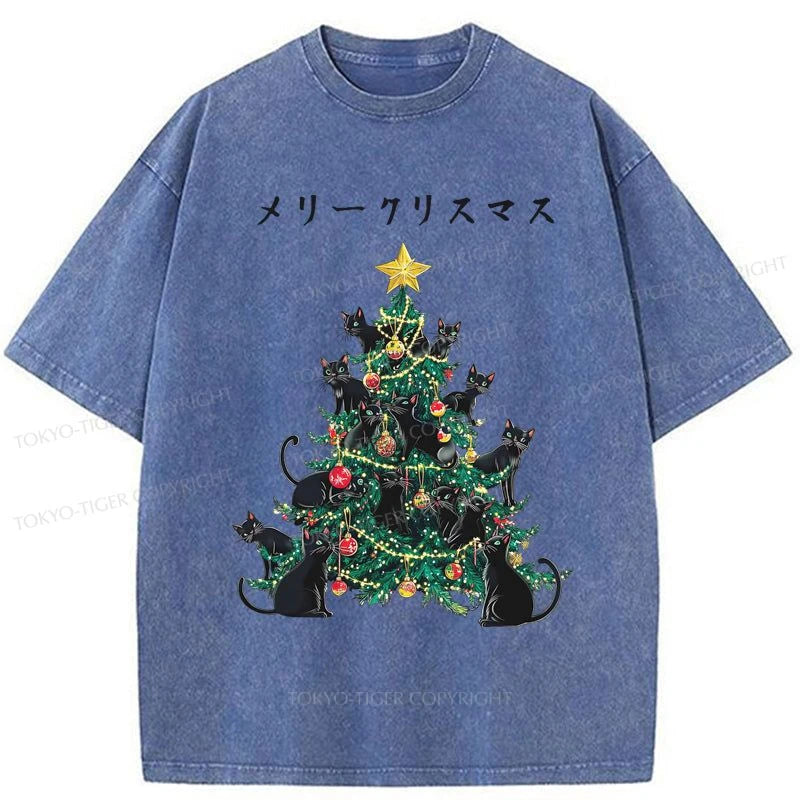 Tokyo-Tiger Meowy Christmas Tree Washed T-Shirt