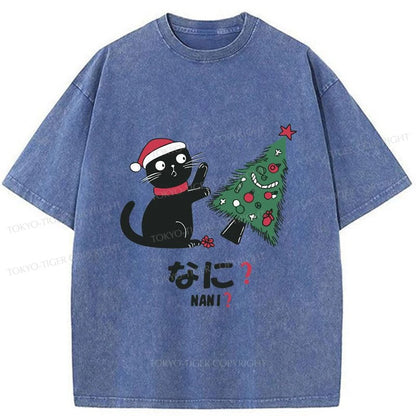 Tokyo-Tiger Black Cat Knocking Over Christmas Tree Washed T-Shirt