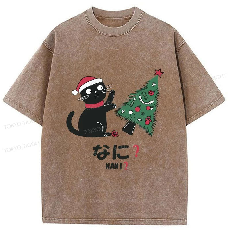 Tokyo-Tiger Black Cat Knocking Over Christmas Tree Washed T-Shirt