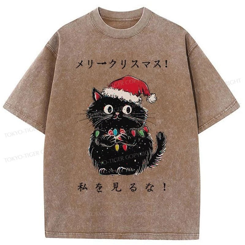 Tokyo-Tiger Black Cat Merry Fluffmas Washed T-Shirt