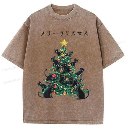 Tokyo-Tiger Meowy Christmas Tree Washed T-Shirt