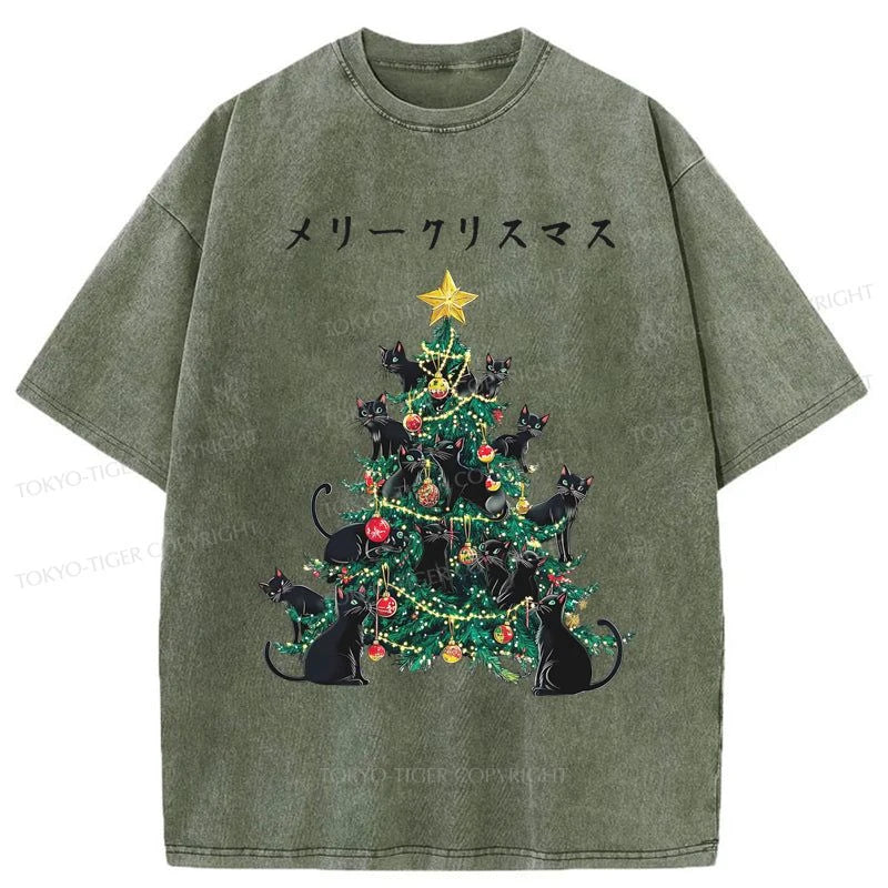 Tokyo-Tiger Meowy Christmas Tree Washed T-Shirt