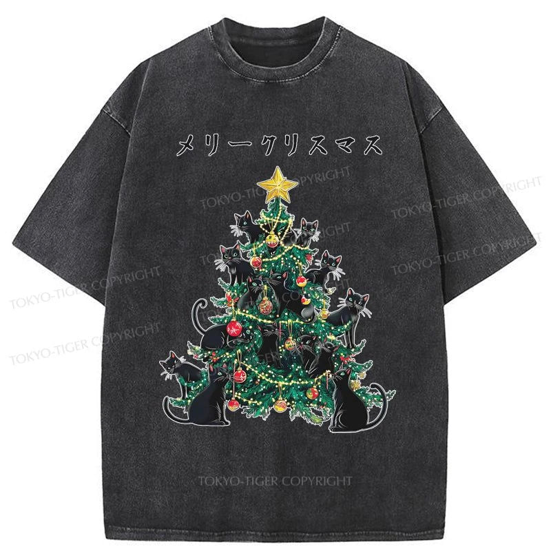 Tokyo-Tiger Meowy Christmas Tree Washed T-Shirt