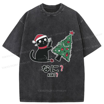 Tokyo-Tiger Black Cat Knocking Over Christmas Tree Washed T-Shirt