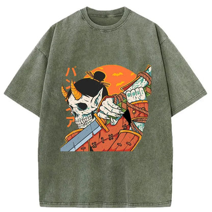 Tokyo-Tiger Samurai Skull Oni Katana Washed T-Shirt