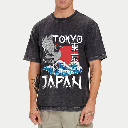 Tokyo-Tiger Japan Japanese Wave Crane Washed T-Shirt
