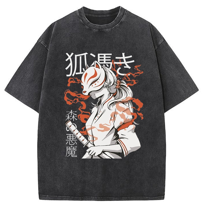 Tokyo-Tiger Anime Girl With Fox Mask Kitsune Washed T-Shirt