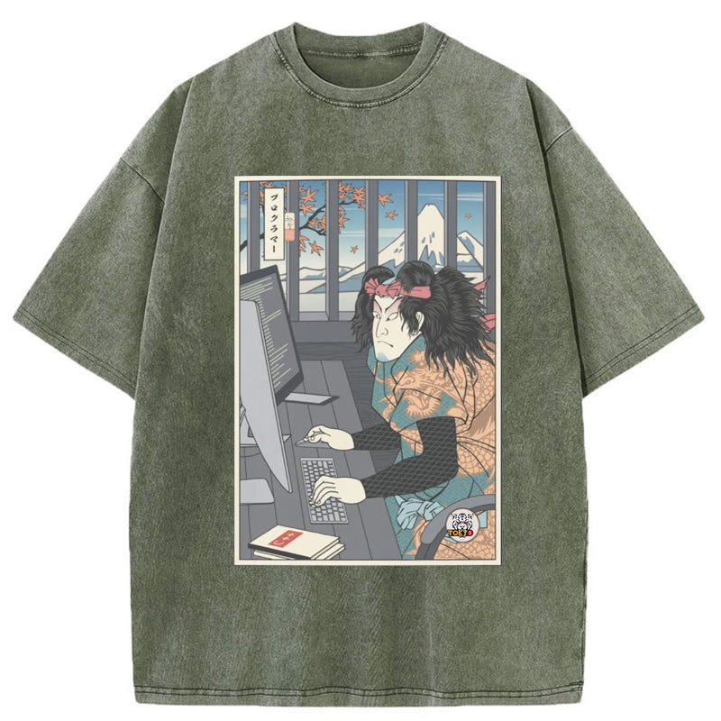 Tokyo-Tiger Samurai Computer Ukiyo-e Washed T-Shirt