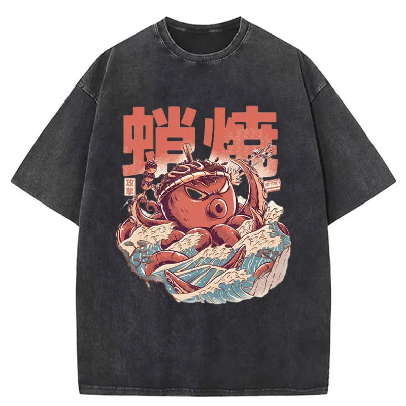 Tokyo-Tiger The Great Wave Takoyaki Attack Washed T-Shirt