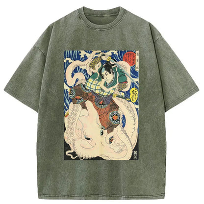 Tokyo-Tiger Ukiyo-e Samurai Octopus Washed T-Shirt