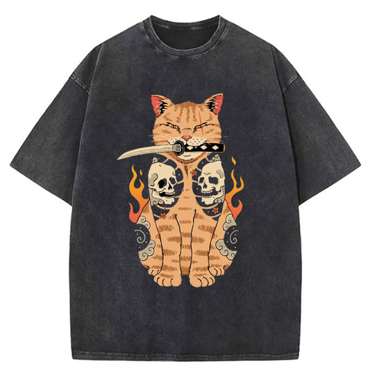 Tokyo-Tiger Catana Cat Skull Tattooed Samurai Washed T-Shirt