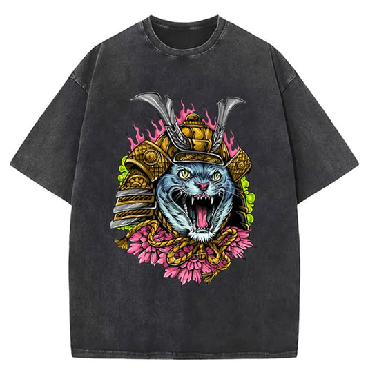 Tokyo-Tiger Samurai Cat Flower Washed T-Shirt