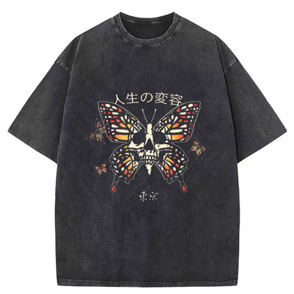 Tokyo-Tiger Butterfly Skull Japanese Washed T-Shirt