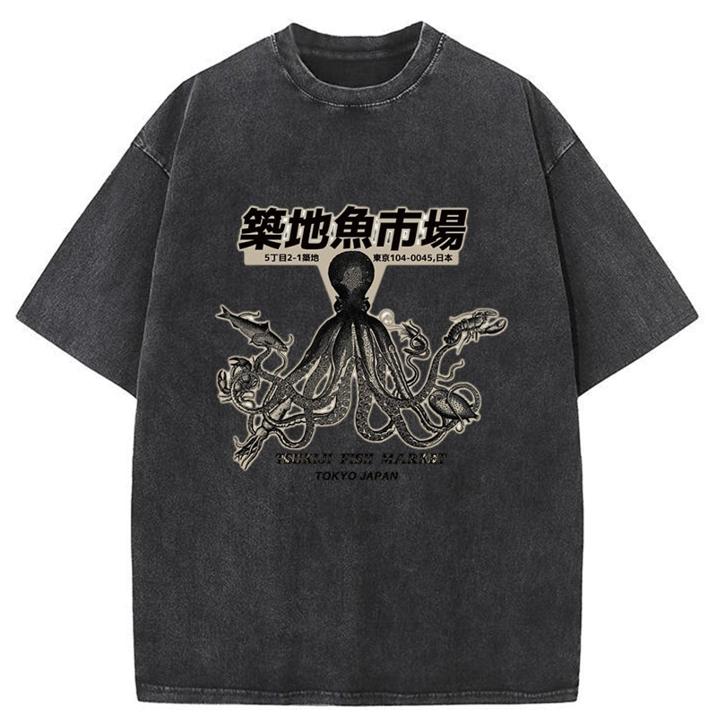 Tokyo-Tiger Vintage Tsukiji Fish Market Octopus Washed T-Shirt