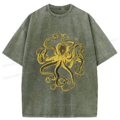 Tokyo-Tiger Golden Octopus Drawing Washed T-Shirt