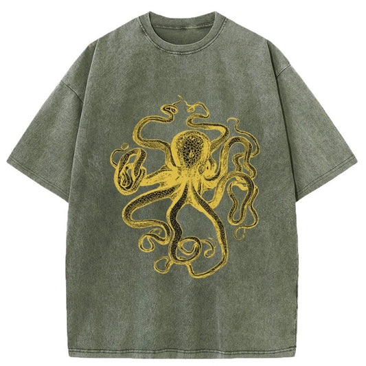 Tokyo-Tiger Golden Octopus Drawing Washed T-Shirt