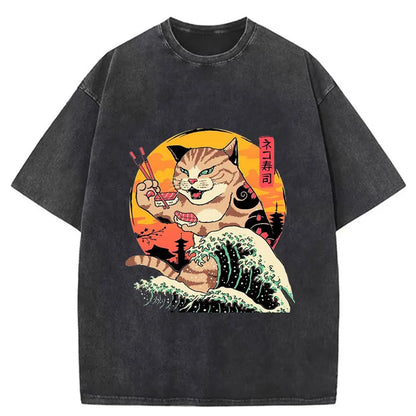 Tokyo-Tiger CatZilla Eating Sushi Wave Washed T-Shirt