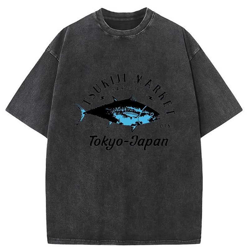 Tokyo-Tiger Tsukiji Fish Market Blue Fish Washed T-Shirt