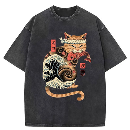 Tokyo-Tiger Catana Wave Cat Tattooed Samurai Art Washed T-Shirt