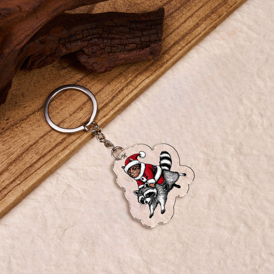 Tokyo-Tiger Santa Cat On A Raccoon Keychain