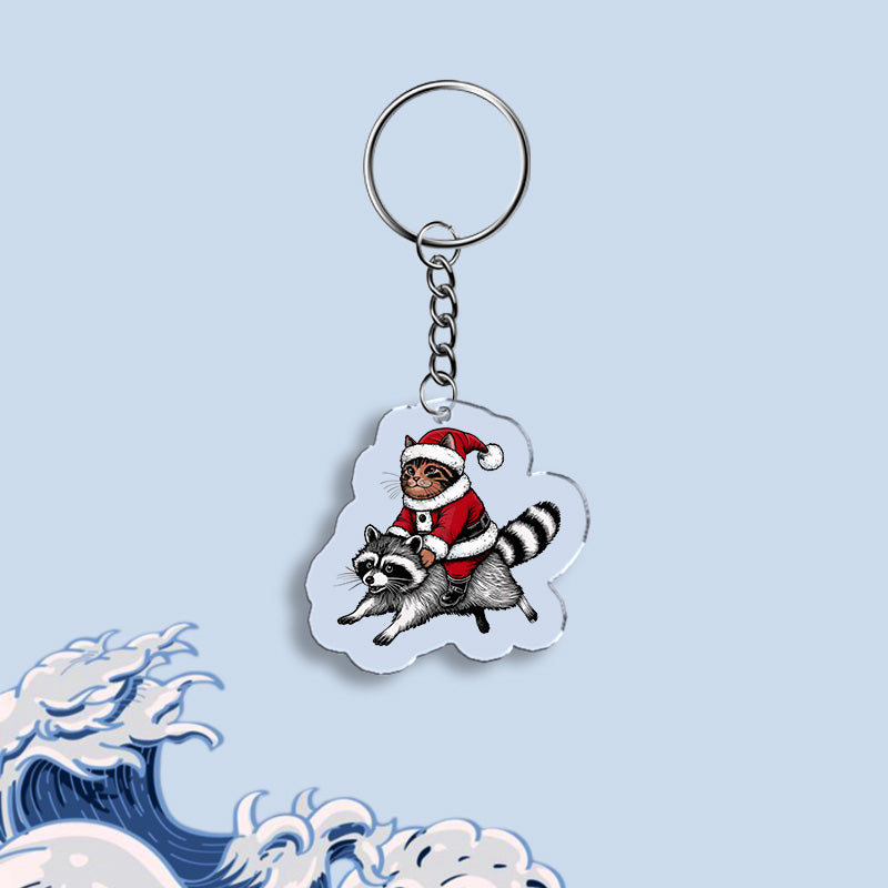 Tokyo-Tiger Santa Cat On A Raccoon Keychain