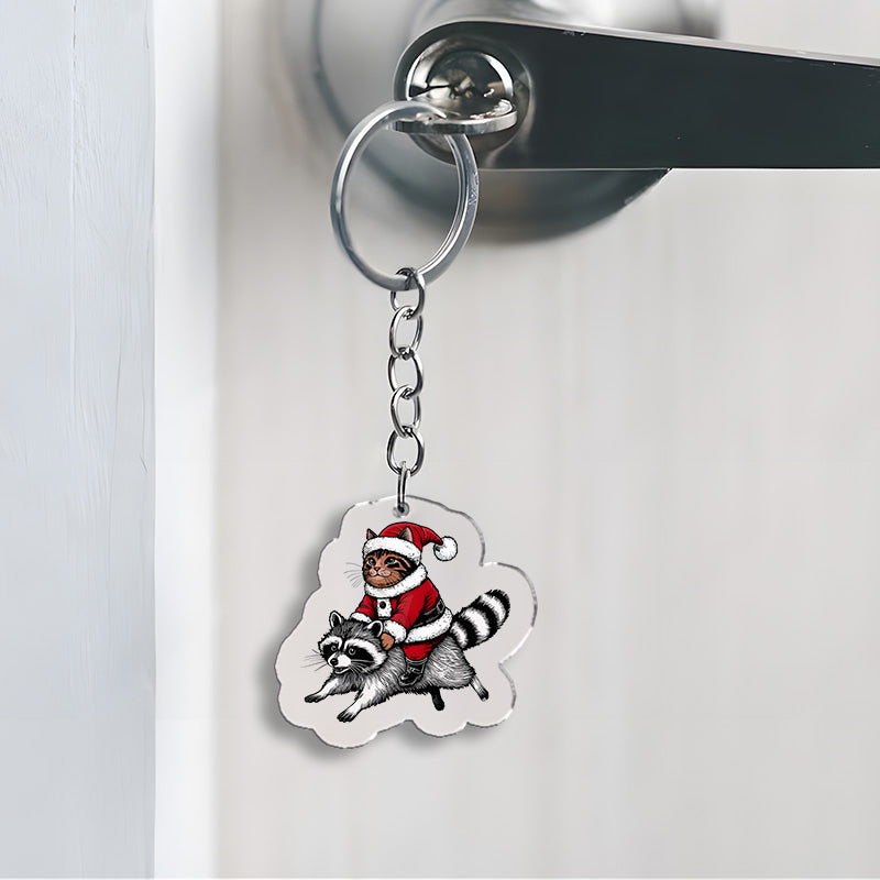 Tokyo-Tiger Santa Cat On A Raccoon Keychain