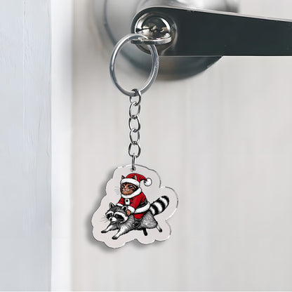 Tokyo-Tiger Santa Cat On A Raccoon Keychain