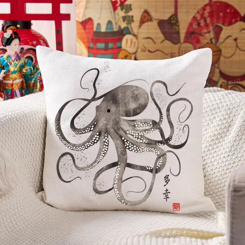 Tokyo-Tiger Octopus Japanese Calligraphy Cushion Pillow