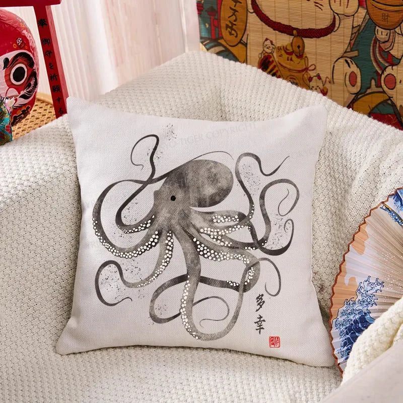 Tokyo-Tiger Octopus Japanese Calligraphy Cushion Pillow