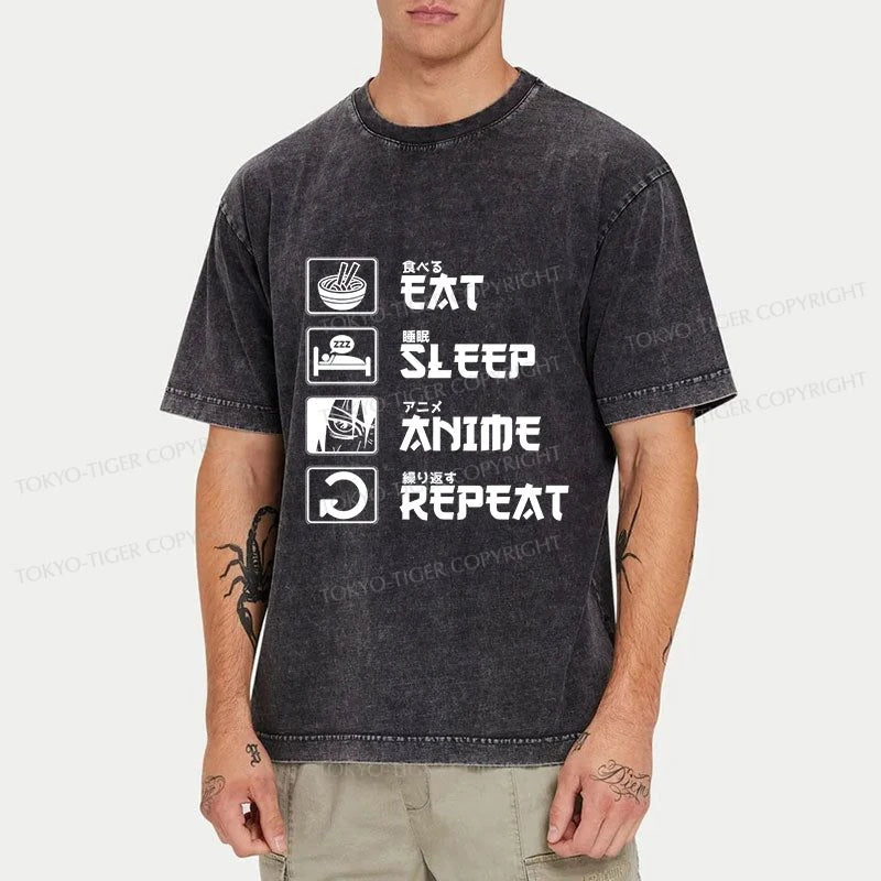 Tokyo-Tiger EAT SLEEP ANIME REPEAT Washed T-Shirt