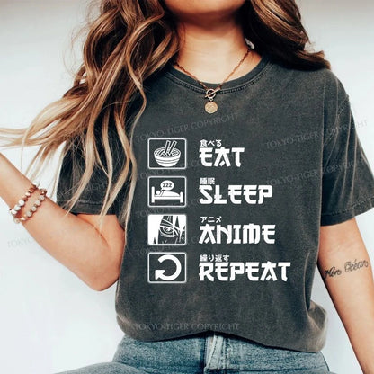 Tokyo-Tiger EAT SLEEP ANIME REPEAT Washed T-Shirt