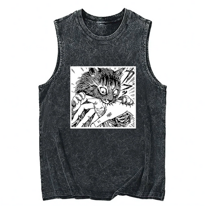 Tokyo-Tiger Creepy Cat Anime Horror Anteater Washed Tank