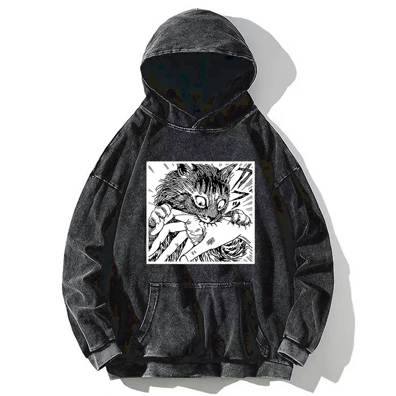 Tokyo-Tiger Creepy Cat Anime Horror Anteater Washed Hoodie