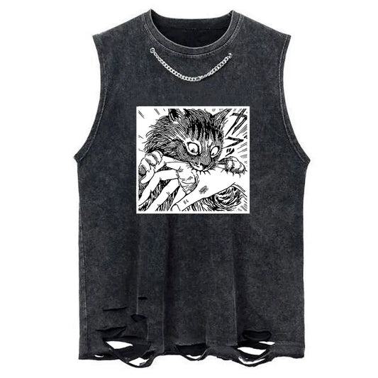 Tokyo-Tiger Creepy Cat Anime Horror Anteater Chain Link Washed Tank