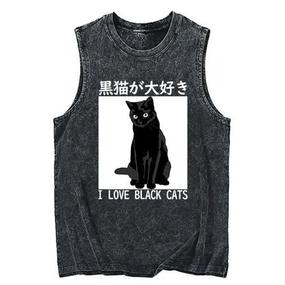 Tokyo-Tiger I LOVE BLACK CATS Japanese Washed Tank