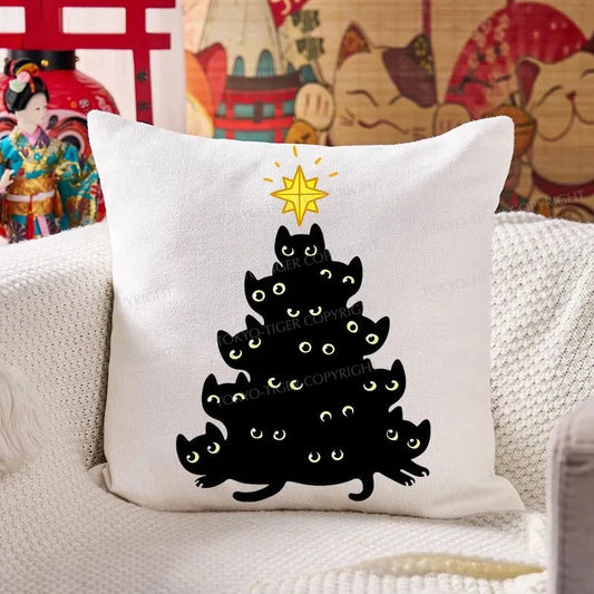 Tokyo-Tiger Black Cat Christmas Tree Cushion Pillow