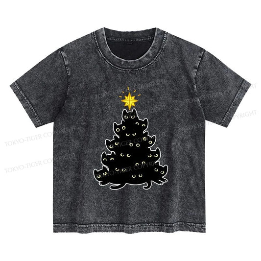 Tokyo-Tiger Black Cat Christmas Tree Kids Washed T-Shirt