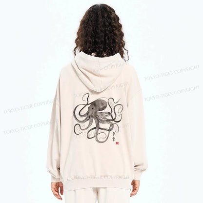 Tokyo-Tiger Octopus Japanese Calligraphy Washed Zip Hoodie