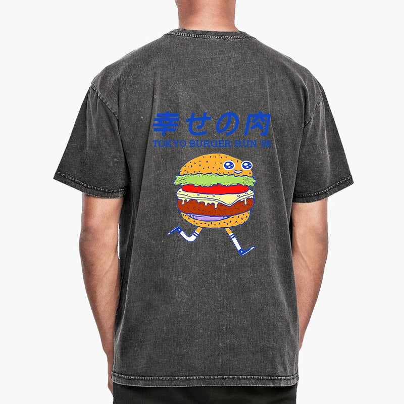 Tokyo-Tiger Tokyo Burger Run Japanese Front Back Washed T-Shirt