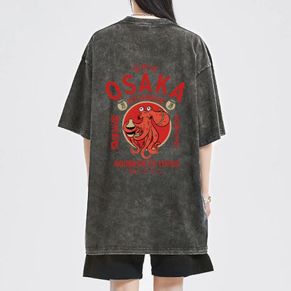 Tokyo-Tiger Drunken Octopus Japan Front Back Washed T-Shirt