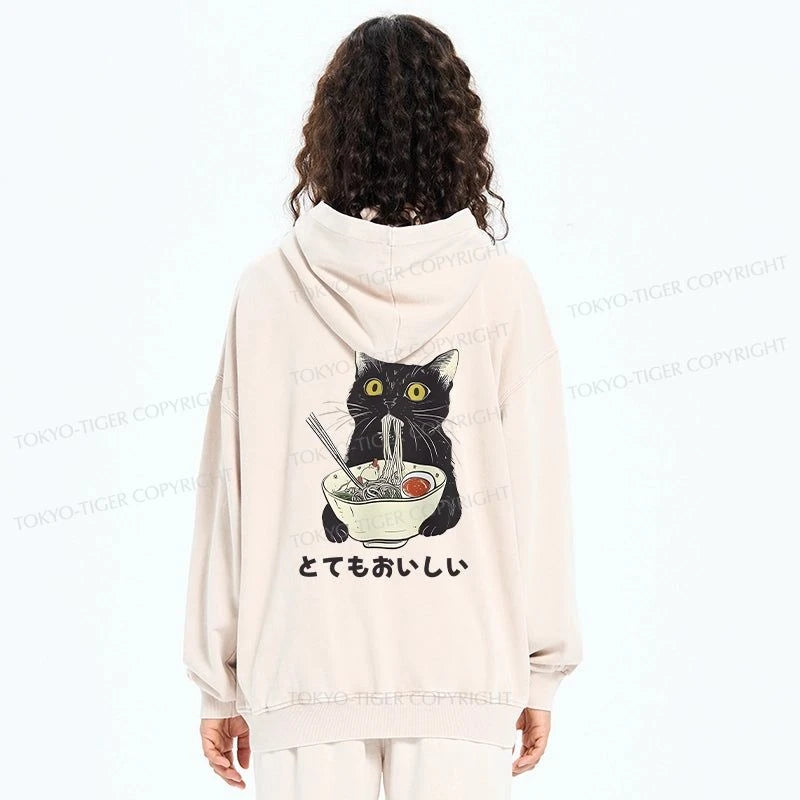 Tokyo-Tiger Cats Eat Ramen Noodles Washed Zip Hoodie