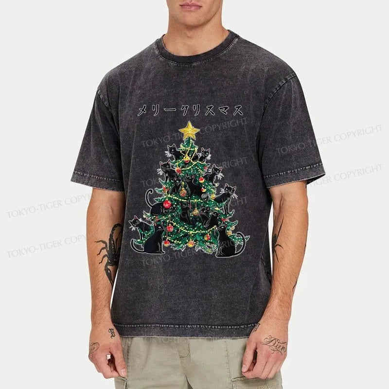 Tokyo-Tiger Meowy Christmas Tree Washed T-Shirt