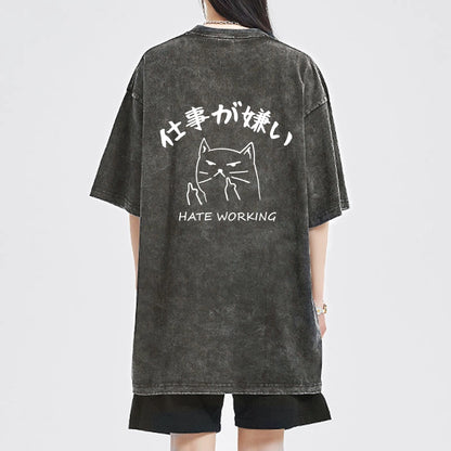 Tokyo-Tiger A Cat That Hates Work Front Back Washed T-Shirt